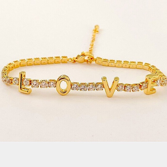 Gold Love Letter Cubic Zircon Pave Tennis Minimalist Bracelet - Picture 7 of 9